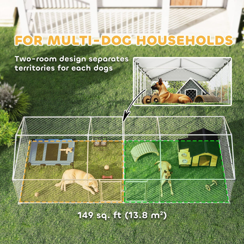 19.7' x 7.5' Two-Room Outdoor Dog Kennel with Roof & Secure Lock, PawHut, DOBA-DK20TR