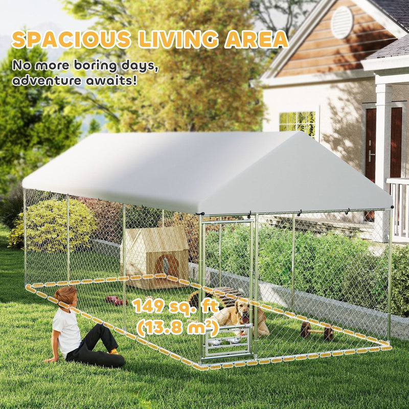 19.7' x 7.5' Outdoor Dog Kennel with Adjustable Bowl Rack & Waterproof Roof, PawHut, DOBA-DK20
