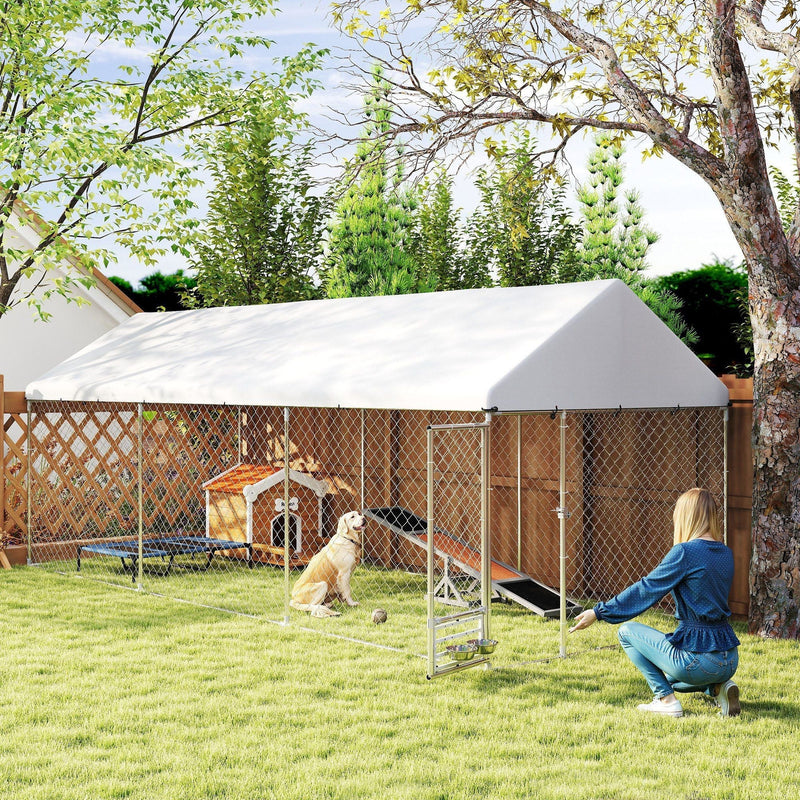 19.7' x 7.5' Outdoor Dog Kennel with Adjustable Bowl Rack & Waterproof Roof, PawHut, DOBA-DK20