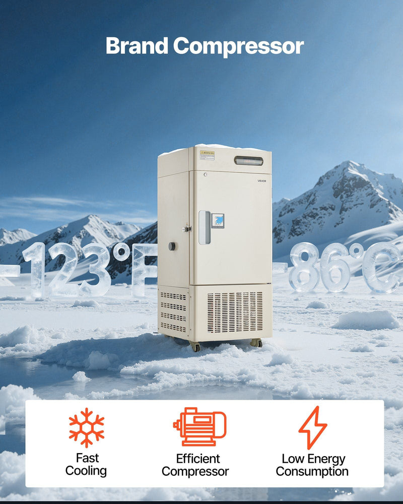 28L Ultra Low Temperature Lab Freezer, −40°F to −123°F Adjustable Temperature Range, Compact Stainless Steel Design, DOBA-LF28