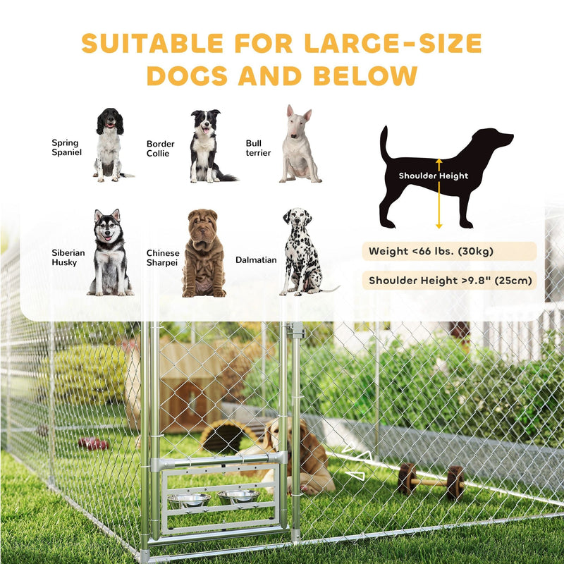 19.7' x 7.5' Outdoor Dog Kennel with Adjustable Bowl Rack & Waterproof Roof, PawHut, DOBA-DK20