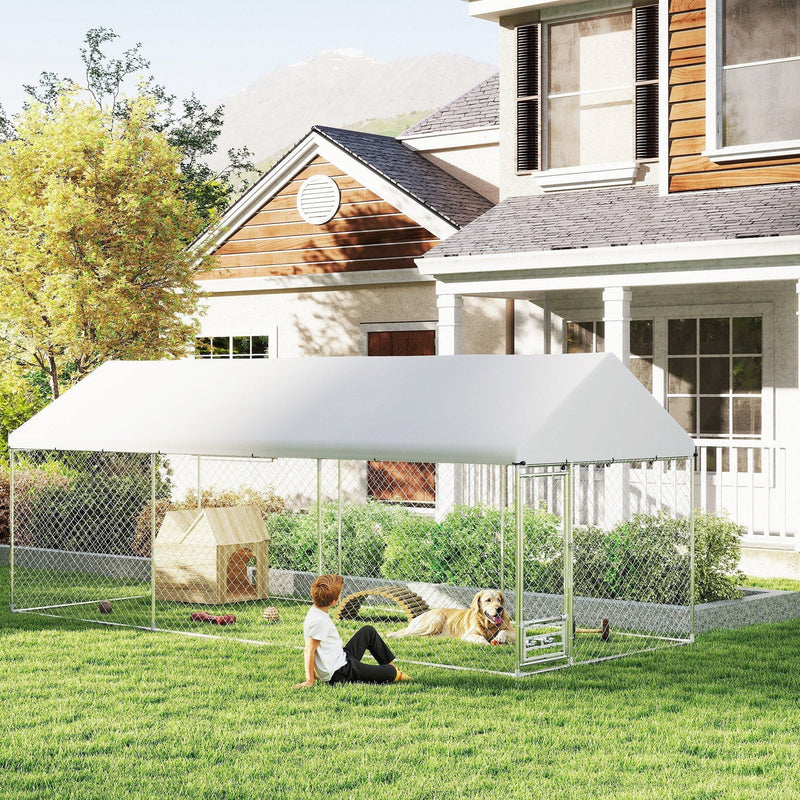 19.7' x 7.5' Outdoor Dog Kennel with Adjustable Bowl Rack & Waterproof Roof, PawHut, DOBA-DK20