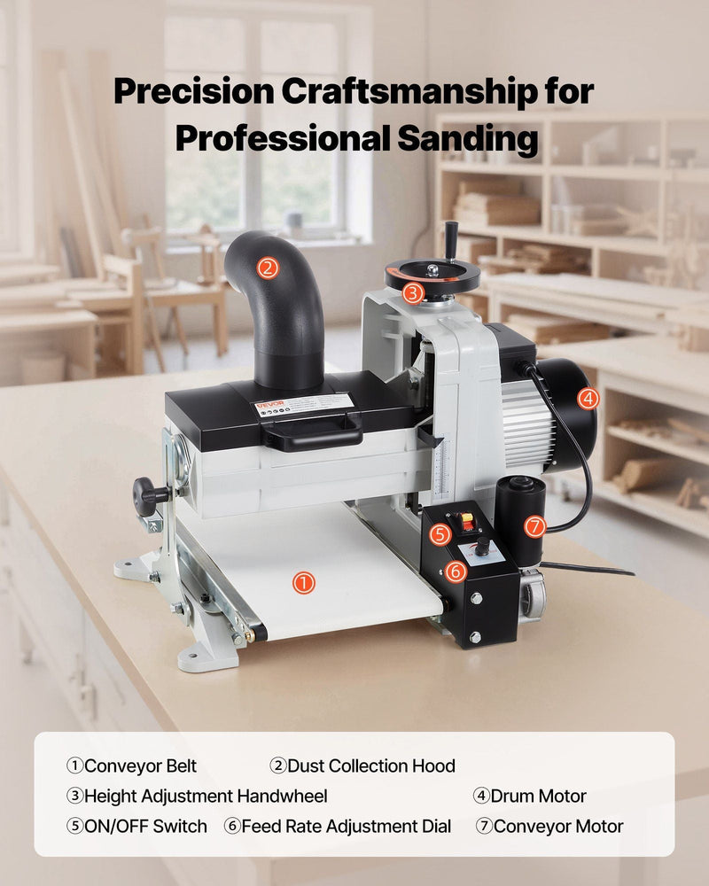 10" Benchtop Drum Sander, 1HP Dual Motor with Variable Speed Conveyor & Dust Port, VEVOR, DOBA-DS101