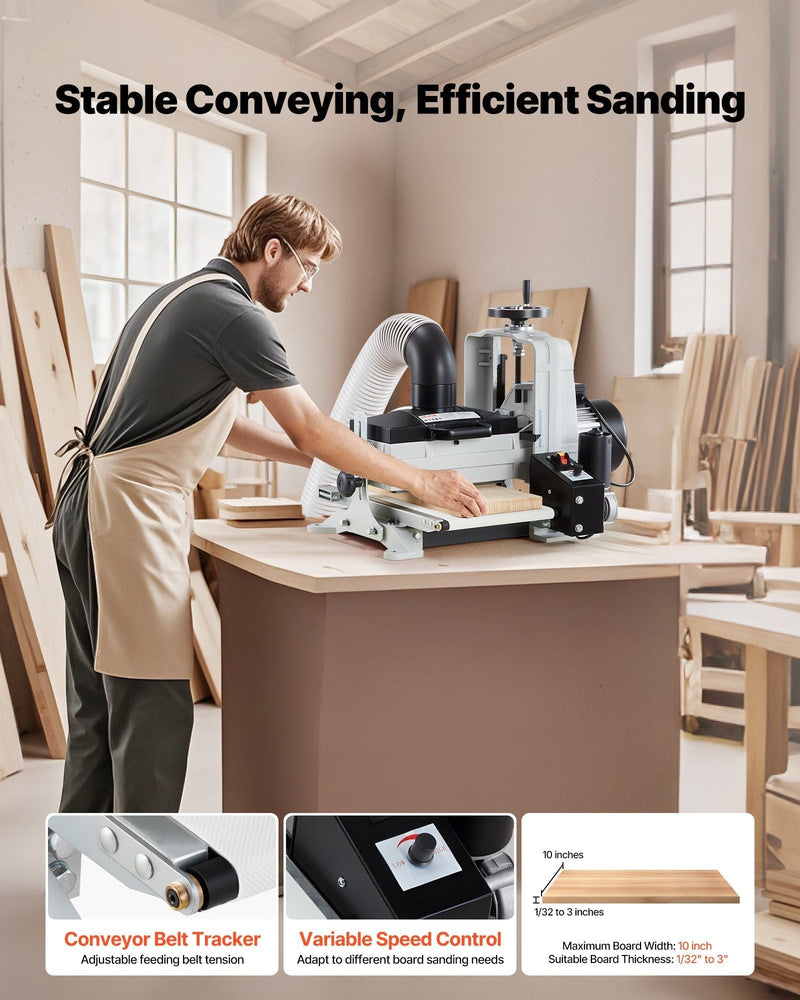 10" Benchtop Drum Sander, 1HP Dual Motor with Variable Speed Conveyor & Dust Port, VEVOR, DOBA-DS101