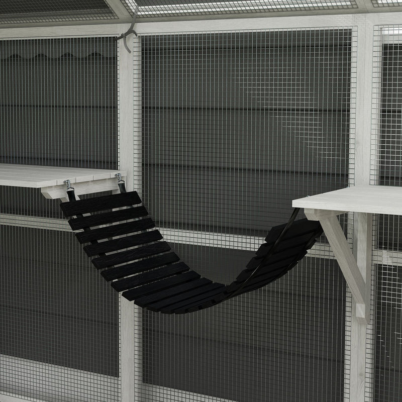 110" Wooden Outdoor Catio with Waterproof Cover, 2 Condos & 6 Platforms, White, DOBA-CAT110W