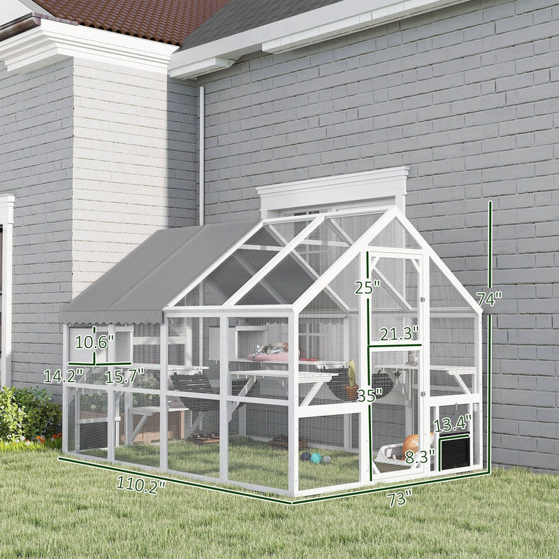 110" Wooden Outdoor Catio with Waterproof Cover, 2 Condos & 6 Platforms, White, DOBA-CAT110W
