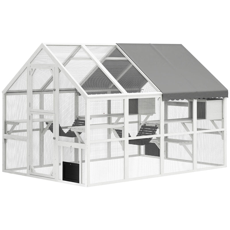 110" Wooden Outdoor Catio with Waterproof Cover, 2 Condos & 6 Platforms, White, DOBA-CAT110W