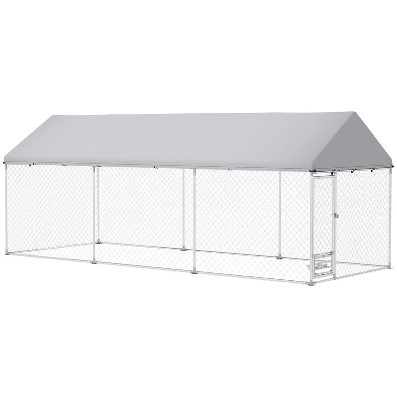 19.7' x 7.5' Outdoor Dog Kennel with Adjustable Bowl Rack & Waterproof Roof, PawHut, DOBA-DK20