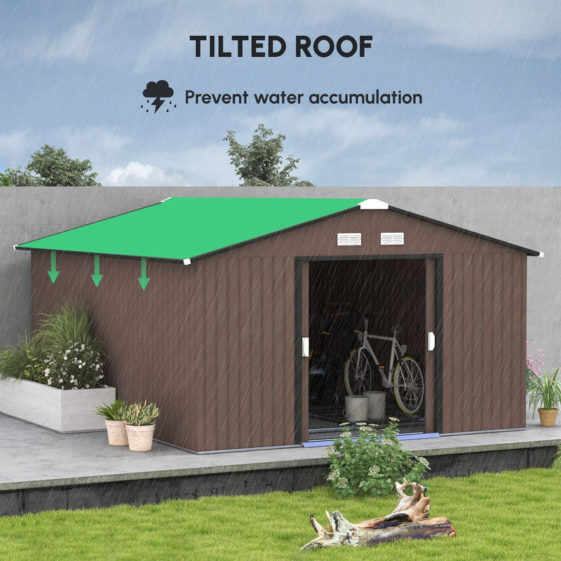 11' x 12.5' Metal Garden Storage Shed with Double Sliding Doors & Vents, Brown, DOBA-MGS12B