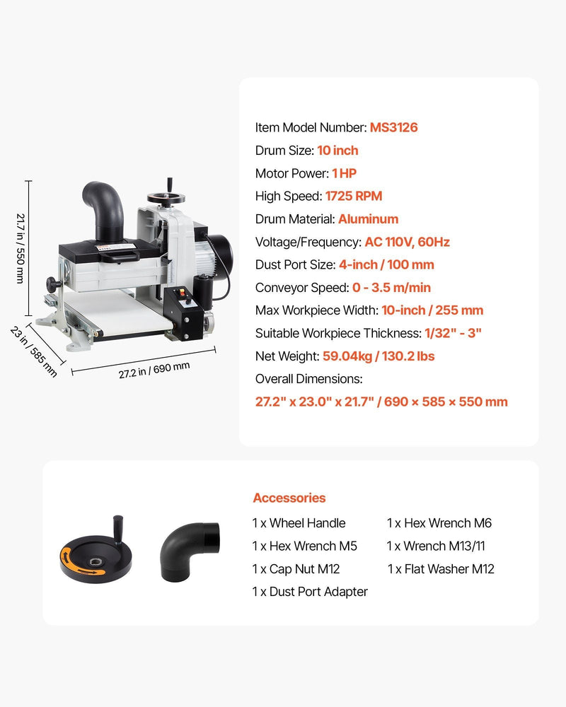 10" Benchtop Drum Sander, 1HP Dual Motor with Variable Speed Conveyor & Dust Port, VEVOR, DOBA-DS101