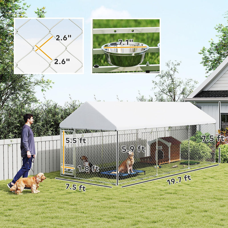 19.7' x 7.5' Outdoor Dog Kennel with Adjustable Bowl Rack & Waterproof Roof, PawHut, DOBA-DK20
