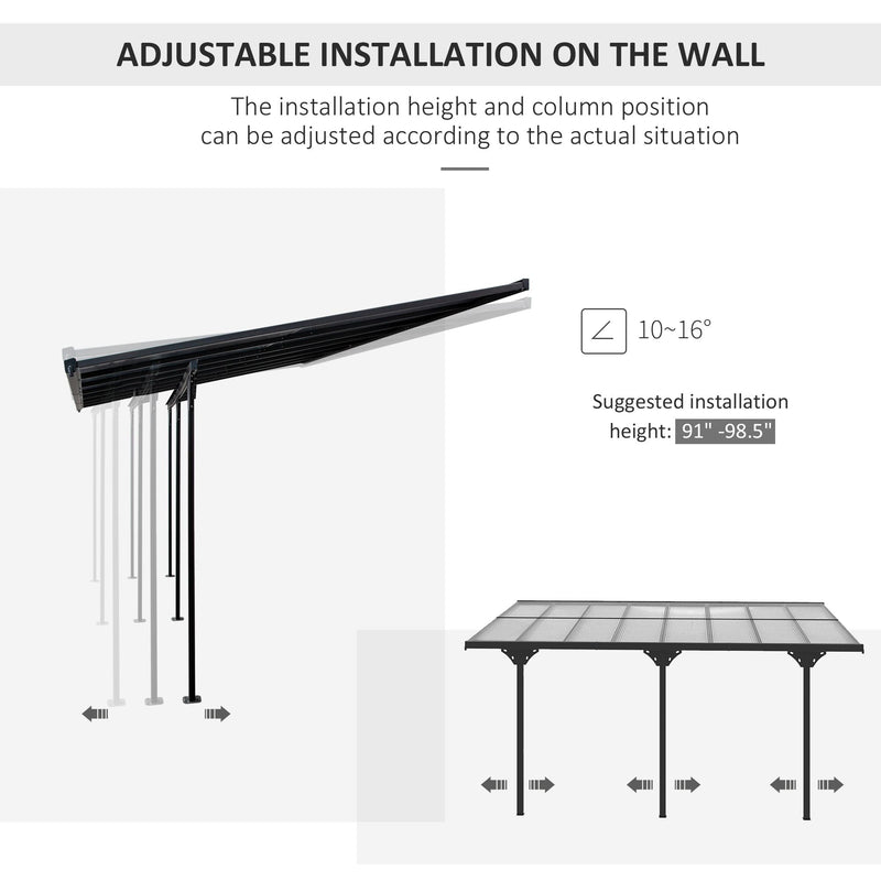 16.5' x 10' Wall-Mounted Aluminum Pergola Gazebo with Polycarbonate Hardtop, Gray, Outsunny, DOBA-PG16510