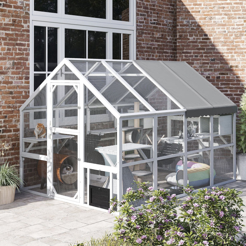 110" Wooden Outdoor Catio with Waterproof Cover, 2 Condos & 6 Platforms, White, DOBA-CAT110W