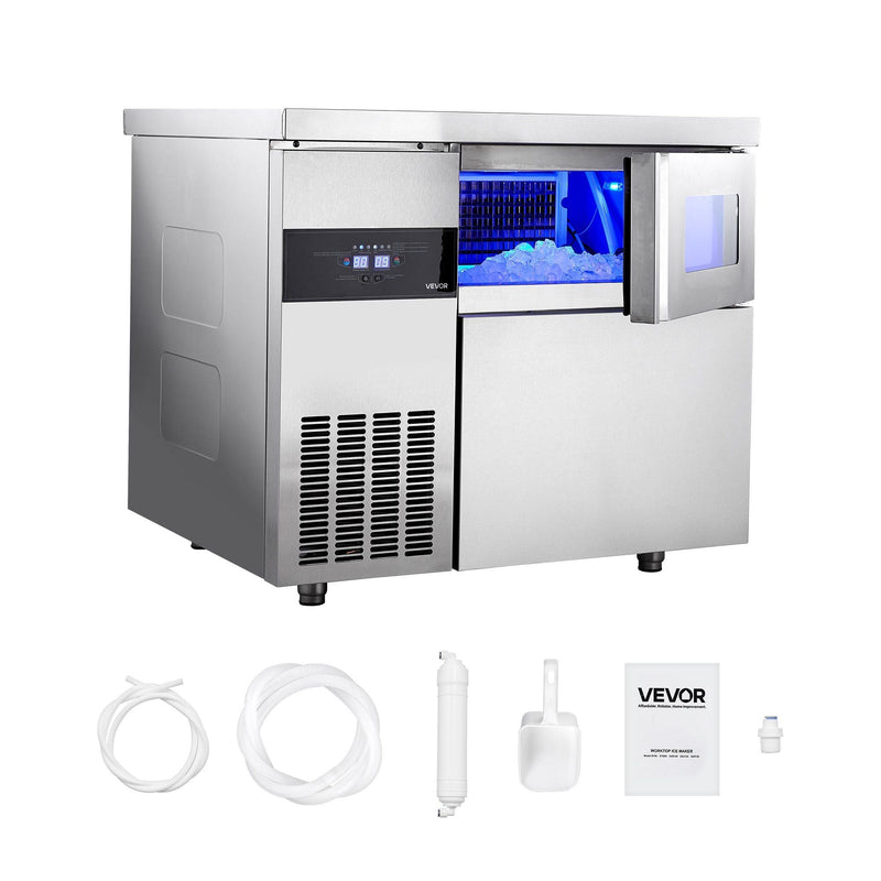 220 lbs/24H Commercial Ice Maker, Stainless Steel with Worktop, 66 lbs Storage & 108 Cubes per Cycle, Self-Cleaning Freestanding Design, DOBA-IM220