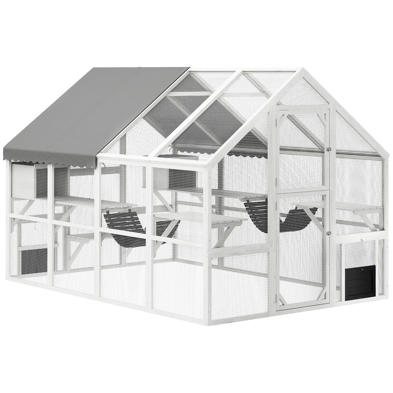 110" Wooden Outdoor Catio with Waterproof Cover, 2 Condos & 6 Platforms, White, DOBA-CAT110W