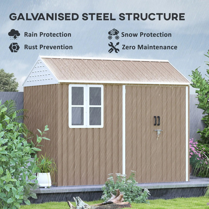 8' x 6' Metal Garden Storage Shed, Extra Large Tool Storage, Doors, Window, and Air Vents, Brown, DOBA-MS86