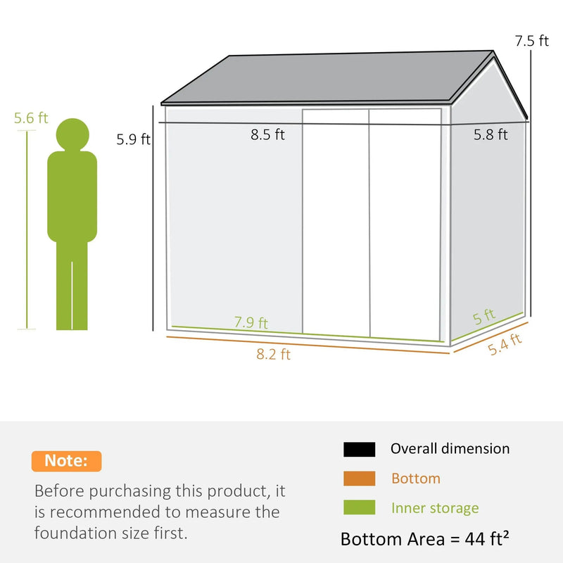 8' x 6' Metal Garden Storage Shed, Extra Large Tool Storage, Doors, Window, and Air Vents, Brown, DOBA-MS86