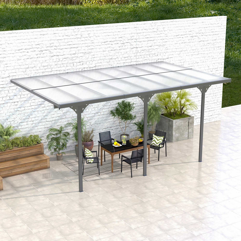 16.5' x 10' Wall-Mounted Aluminum Pergola Gazebo with Polycarbonate Hardtop, Gray, Outsunny, DOBA-PG16510