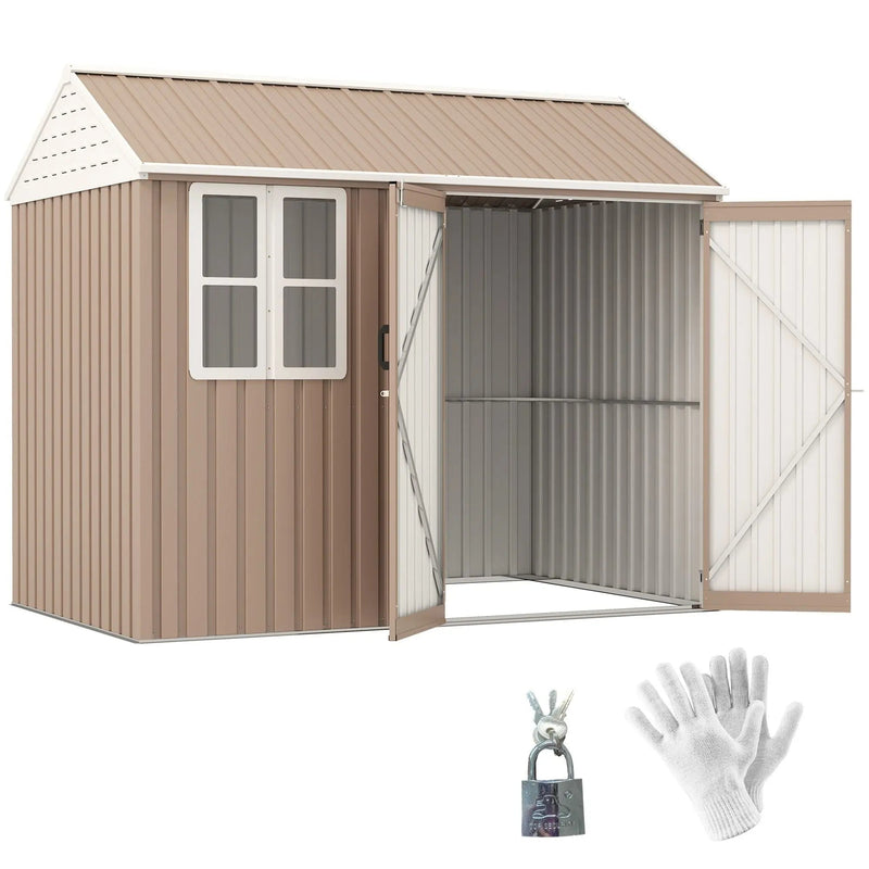 8' x 6' Metal Garden Storage Shed, Extra Large Tool Storage, Doors, Window, and Air Vents, Brown, DOBA-MS86