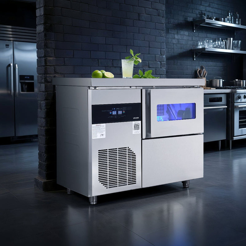 132 lbs/24H Commercial Ice Maker, Stainless Steel with Worktop, 30 lbs Storage & 70 Cubes per Cycle, Self-Cleaning Freestanding Design, DOBA-IM132