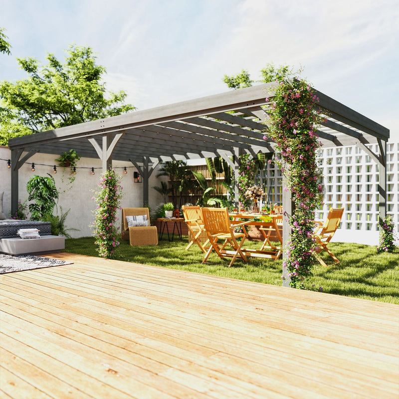 12' x 20' Wooden Pergola Gazebo with Grape Trellis & Concrete Anchors, Gray, DOBA-WPG1220
