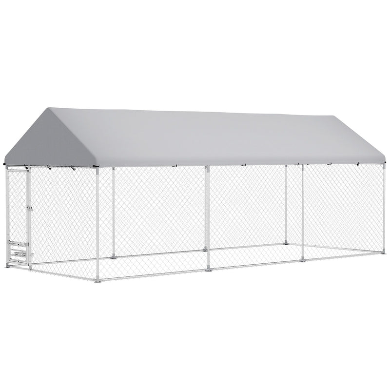 19.7' x 7.5' Outdoor Dog Kennel with Adjustable Bowl Rack & Waterproof Roof, PawHut, DOBA-DK20