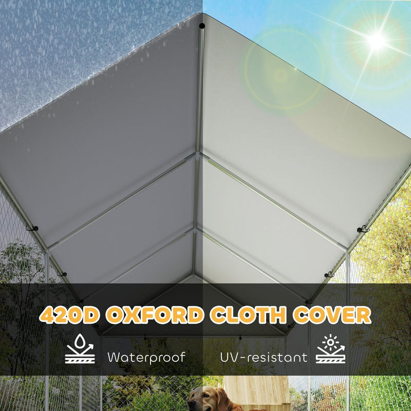 19.7' x 7.5' Outdoor Dog Kennel with Adjustable Bowl Rack & Waterproof Roof, PawHut, DOBA-DK20