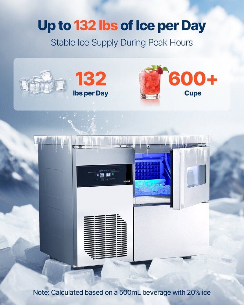 132 lbs/24H Commercial Ice Maker, Stainless Steel with Worktop, 30 lbs Storage & 70 Cubes per Cycle, Self-Cleaning Freestanding Design, DOBA-IM132