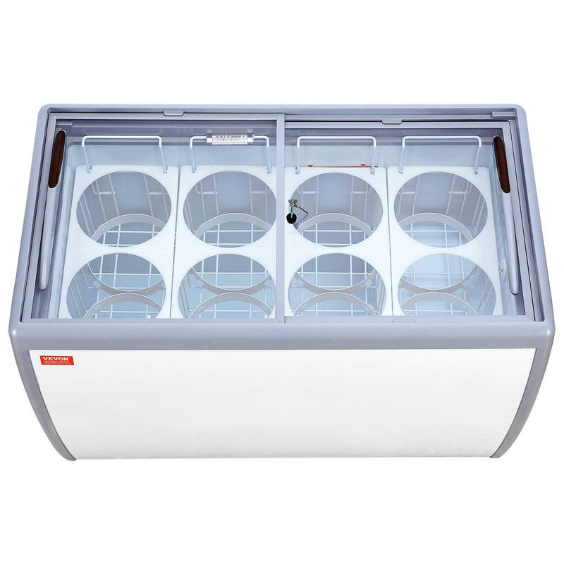 VEVOR Commercial Ice Cream Display Case, 13.1 Cu.ft Chest Freezer, Mobile Glass Top Deep Freezer, Restaurant Gelato Dipping Cabinet with 8 Large Tubs, 2 Sliding Glass Doors, Locking Casters, White