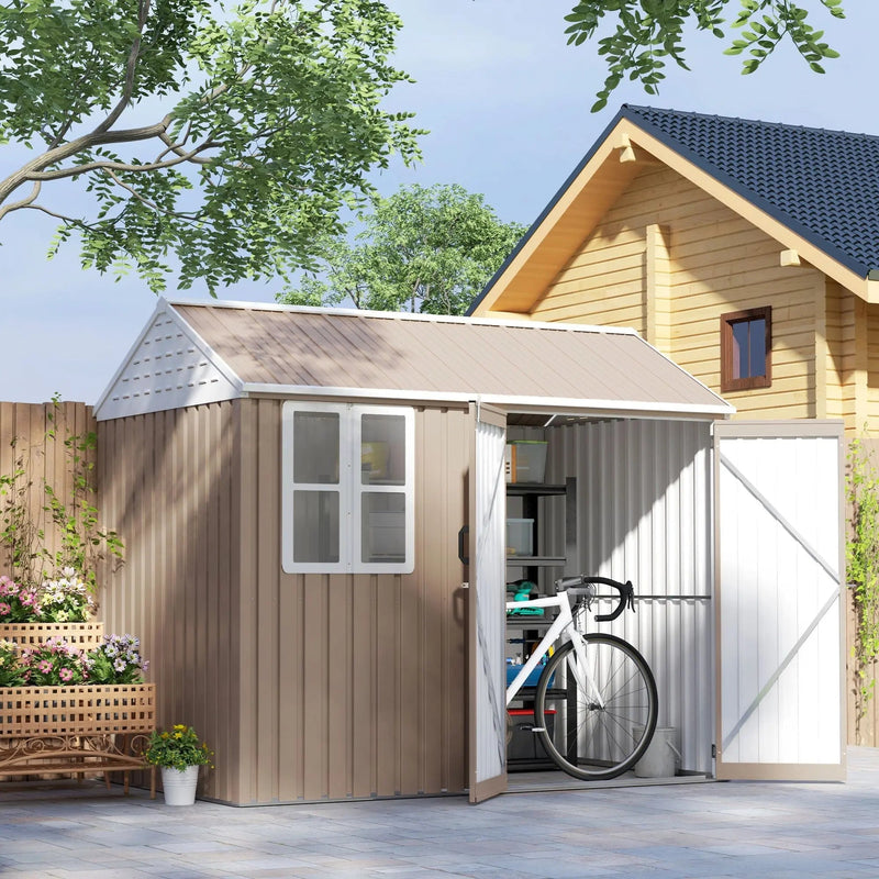8' x 6' Metal Garden Storage Shed, Extra Large Tool Storage, Doors, Window, and Air Vents, Brown, DOBA-MS86