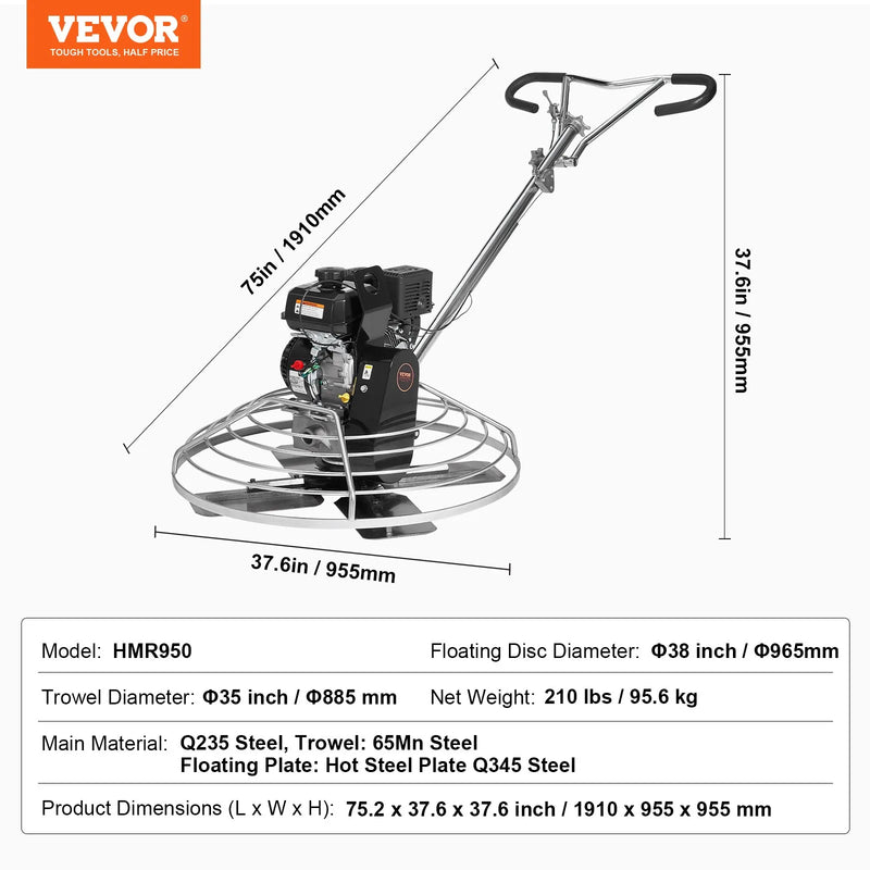 38" Walk-Behind Power Trowel, 6HP Gas-Powered Cement Finishing Machine with Float Pan Blade, DOBA-PT38